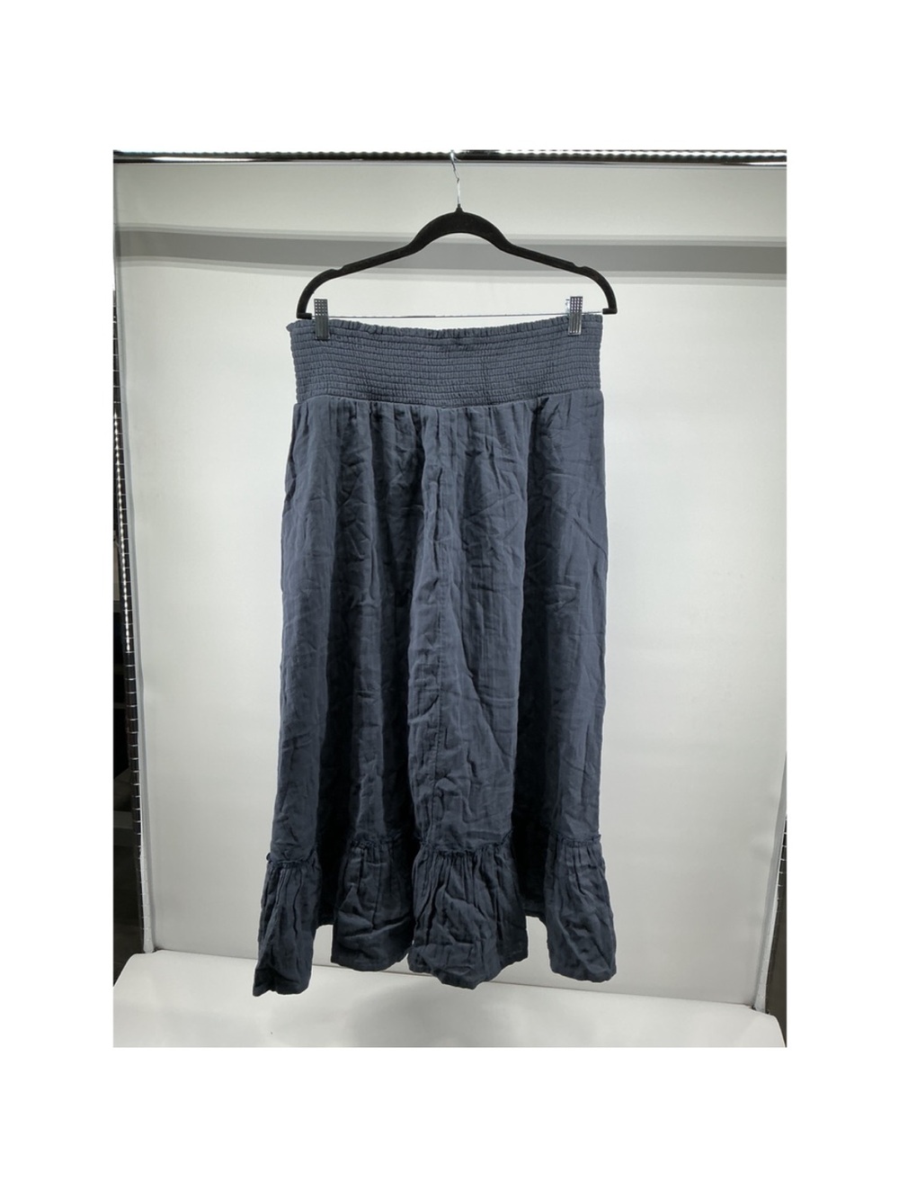 Quince 100% cotton Navy Smocked Waist Midi Skirt with Ruffle Hem